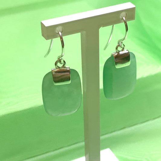 Green Jade Silver Cushion Shaped Drop Earrings