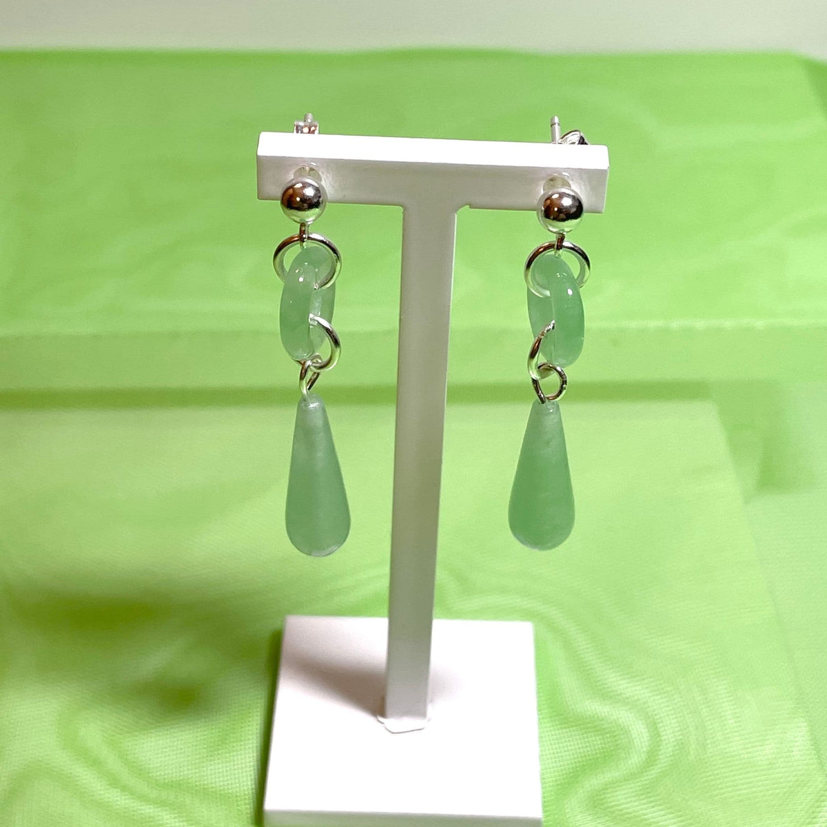 Green Jade Silver Round And Teardrop Sterling Silver Drop Earrings