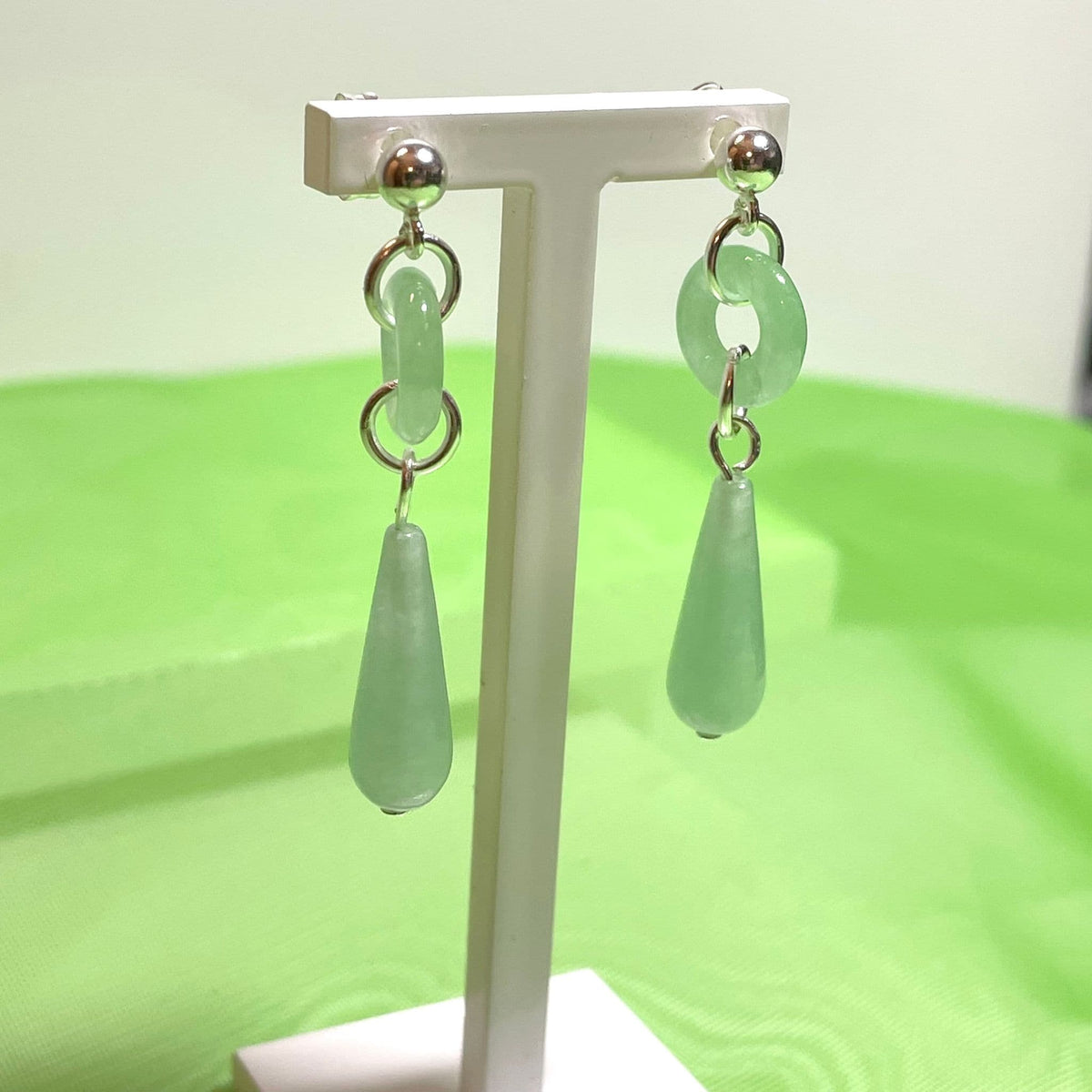 Green Jade Silver Round And Teardrop Sterling Silver Drop Earrings