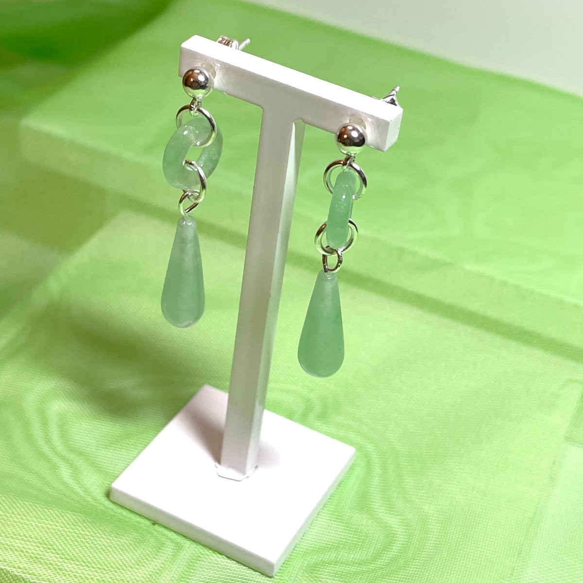 Green Jade Silver Round And Teardrop Sterling Silver Drop Earrings