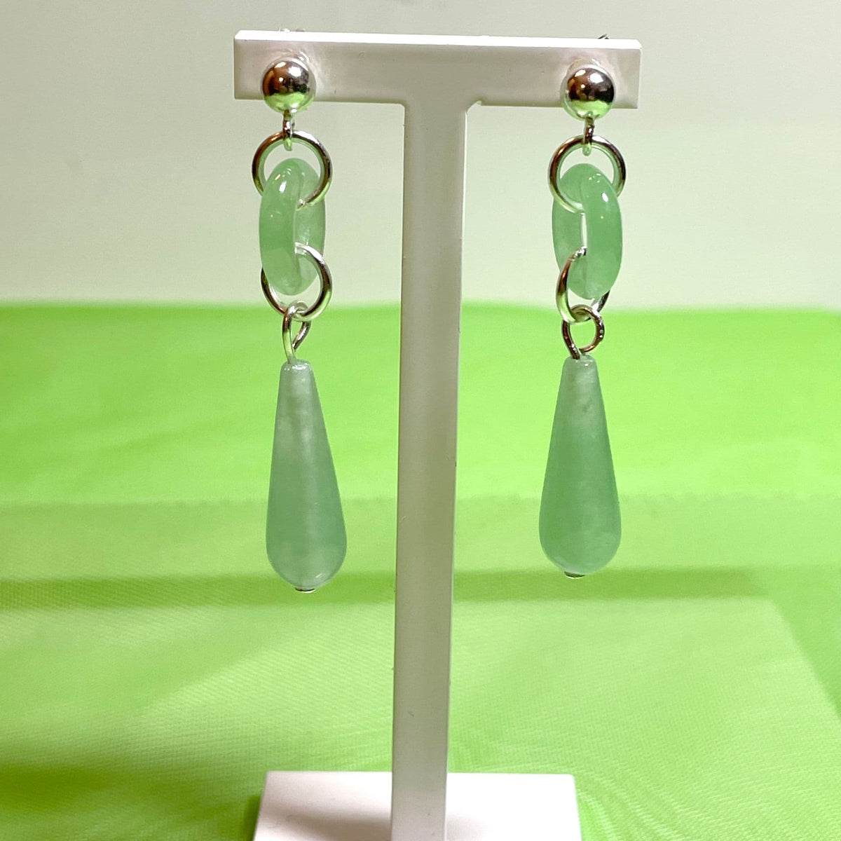 Green Jade Silver Round And Teardrop Sterling Silver Drop Earrings