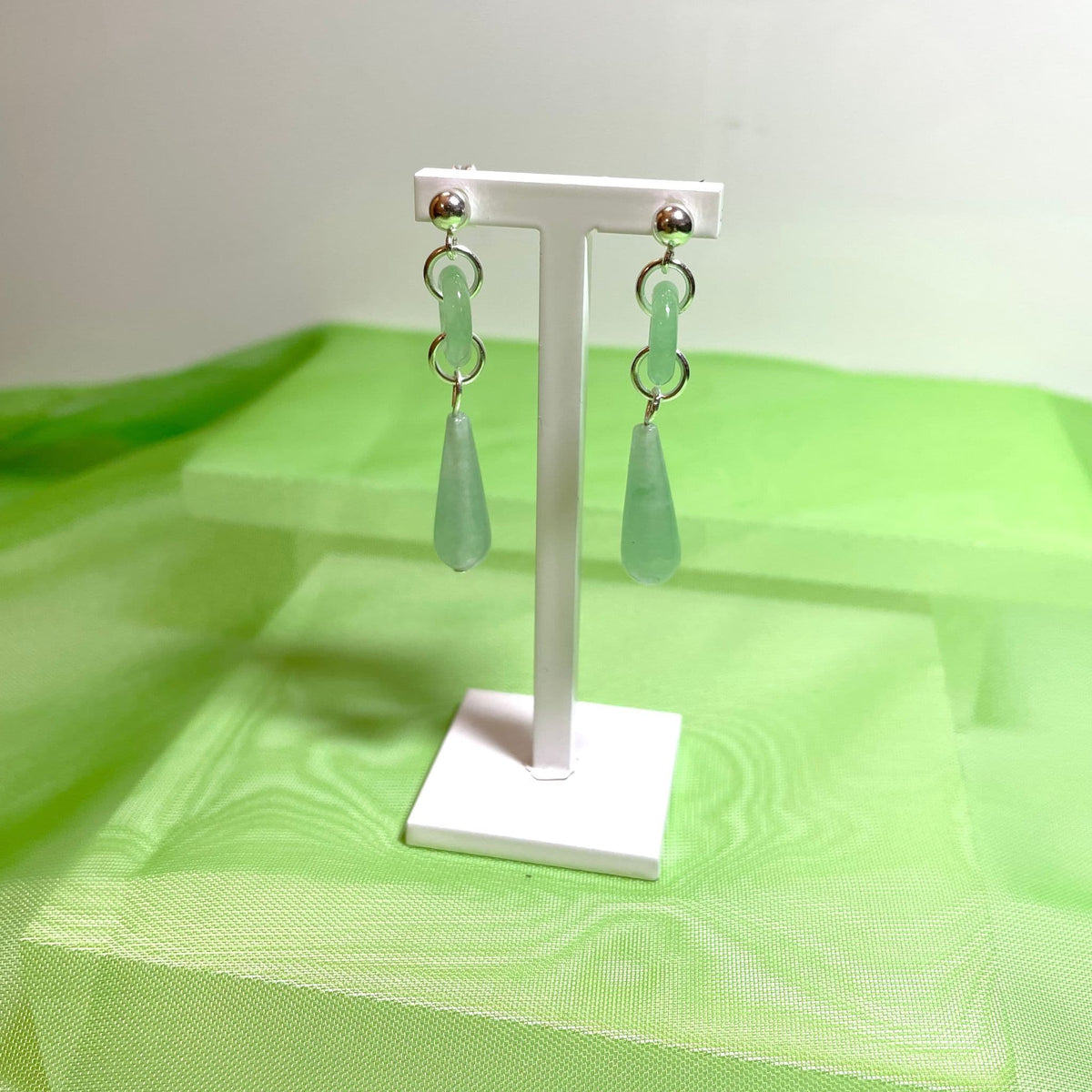 Green Jade Silver Round And Teardrop Sterling Silver Drop Earrings