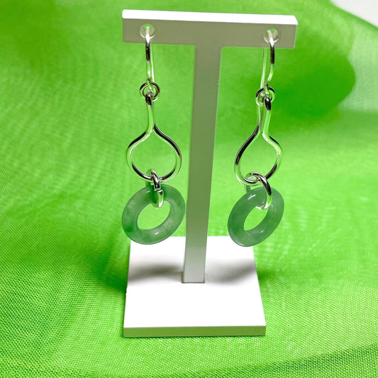 Green Jade Silver Round Double Drop Earrings