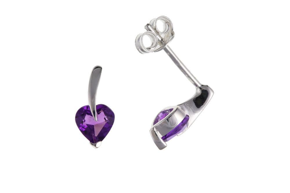 Heart shaped real amethyst sterling silver stud earrings