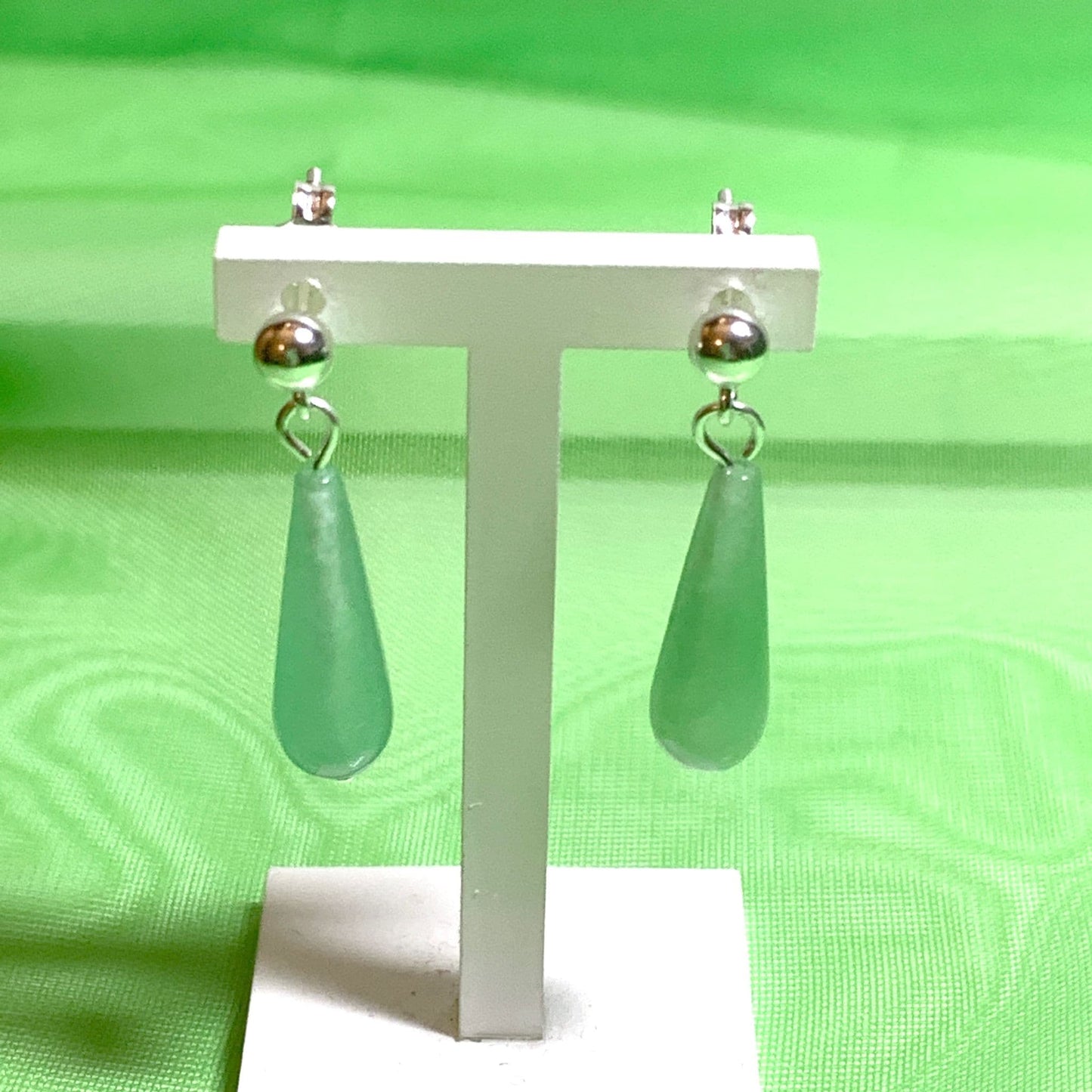 Light Green Jade Long Teardrop Shaped Sterling Silver Drop Earrings