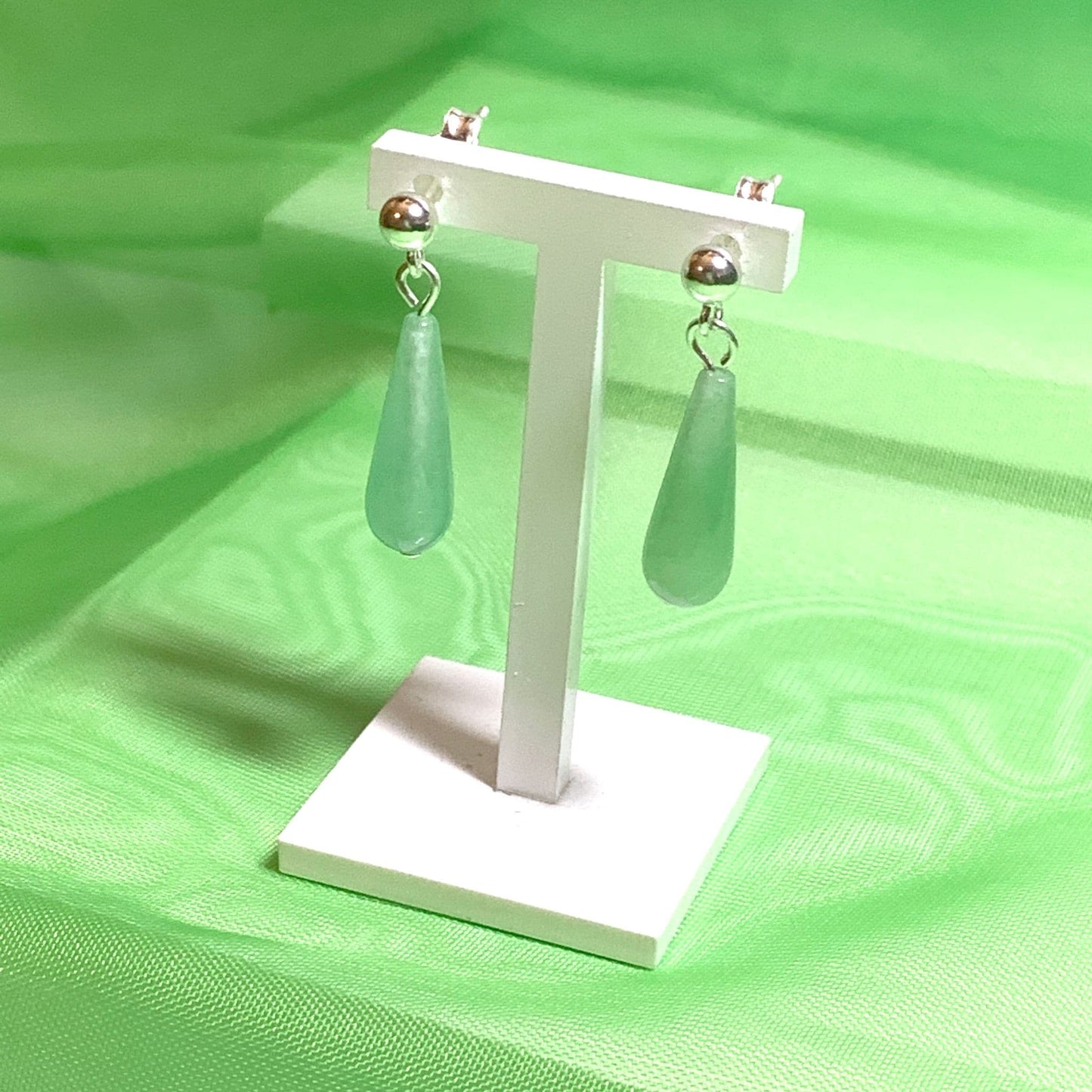 Light Green Jade Long Teardrop Shaped Sterling Silver Drop Earrings