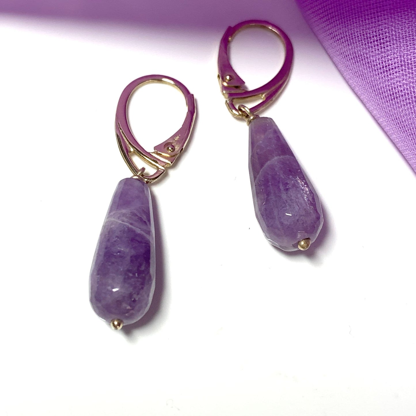 Large Amethyst Teardrop Shaped Yellow Gold Drop Earrings