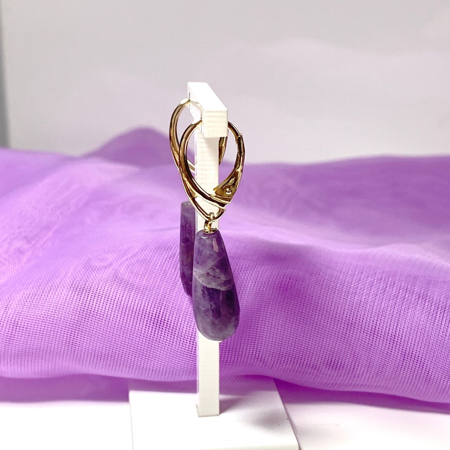 Large Amethyst Teardrop Shaped Yellow Gold Drop Earrings