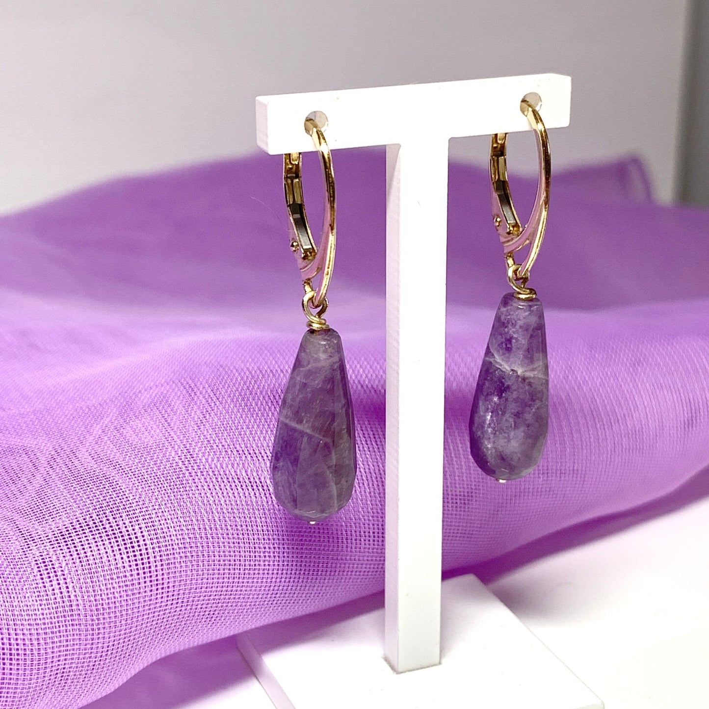 Large Amethyst Teardrop Shaped Yellow Gold Drop Earrings