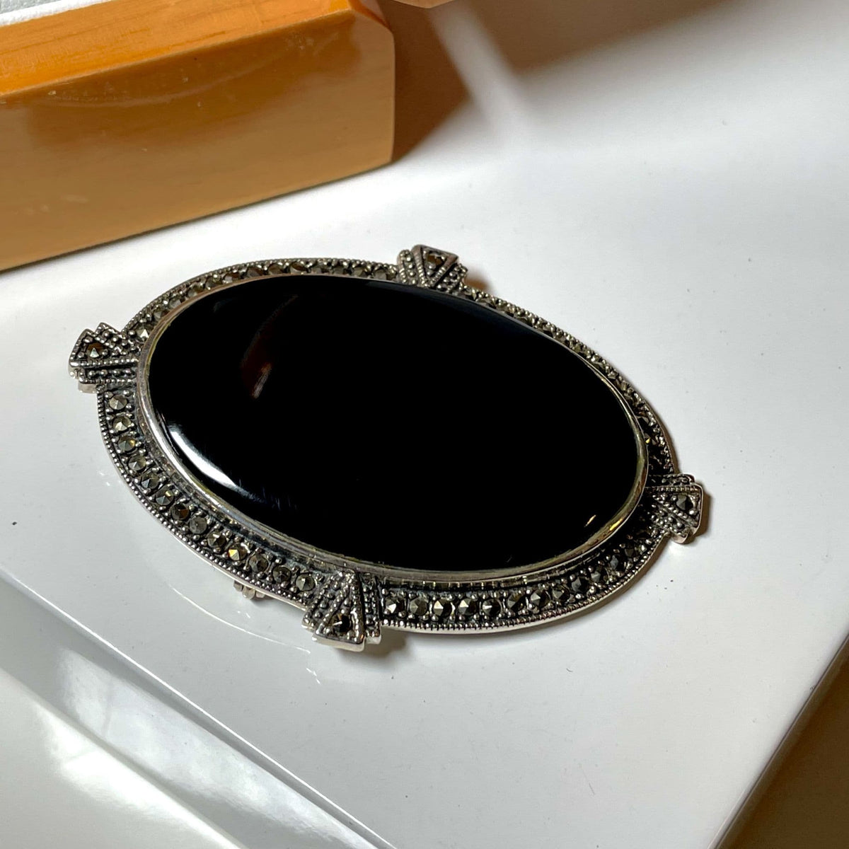 Large Black Oval Onyx And Marcasite Brooch Sterling Silver