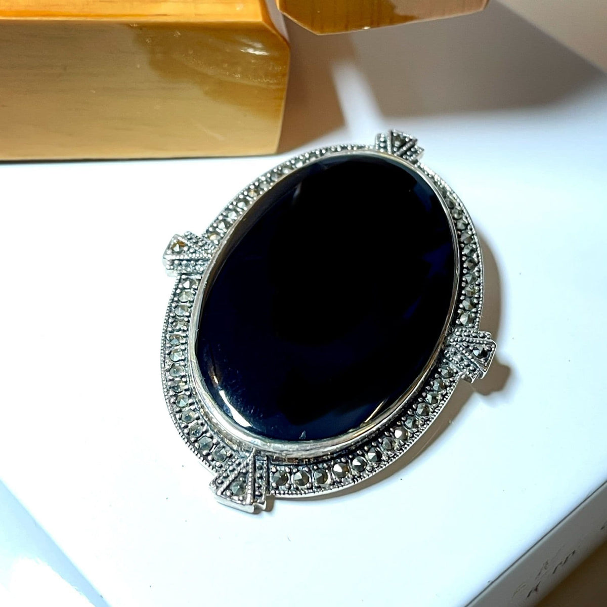 Large Black Oval Onyx And Marcasite Brooch Sterling Silver
