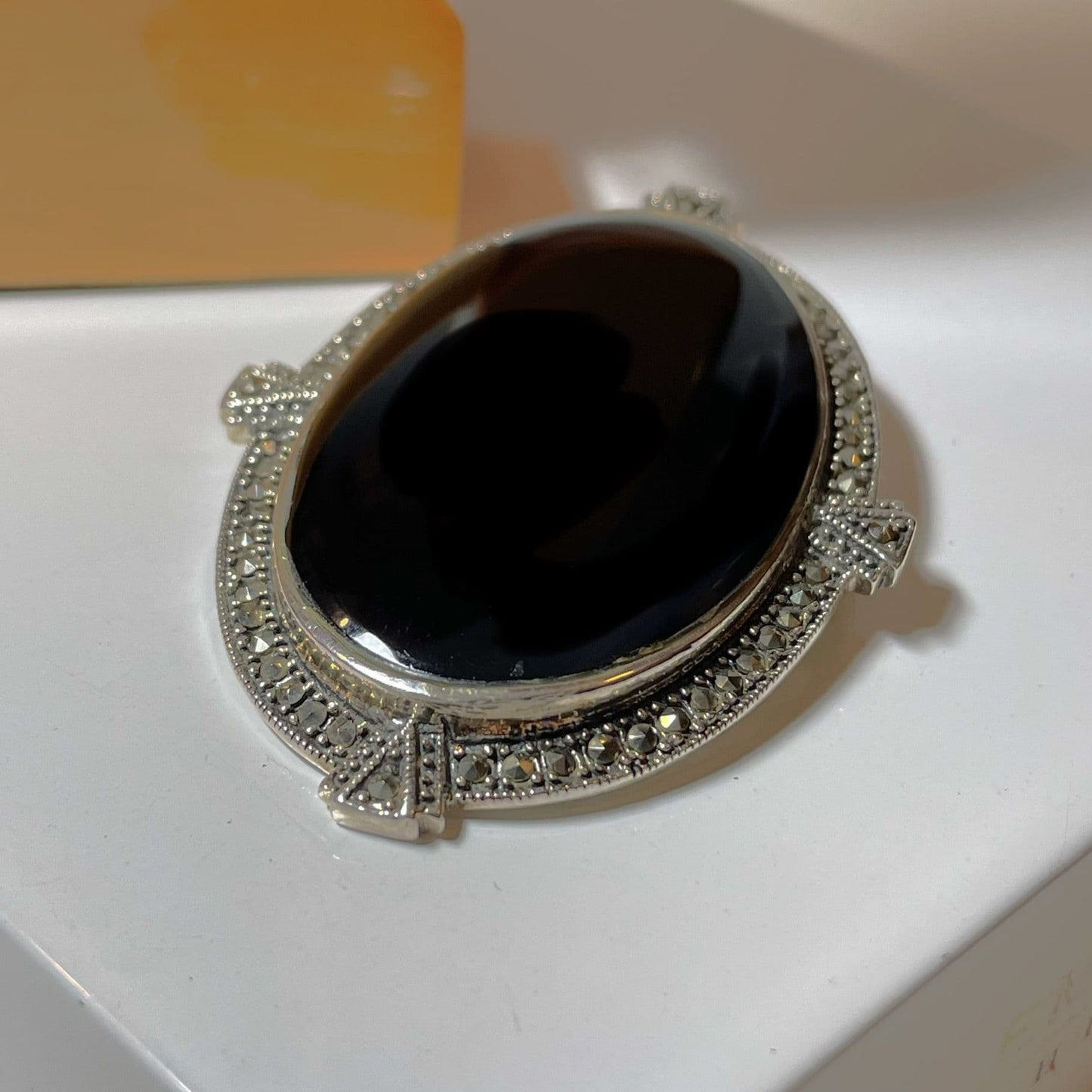 Large Black Oval Onyx And Marcasite Brooch Sterling Silver