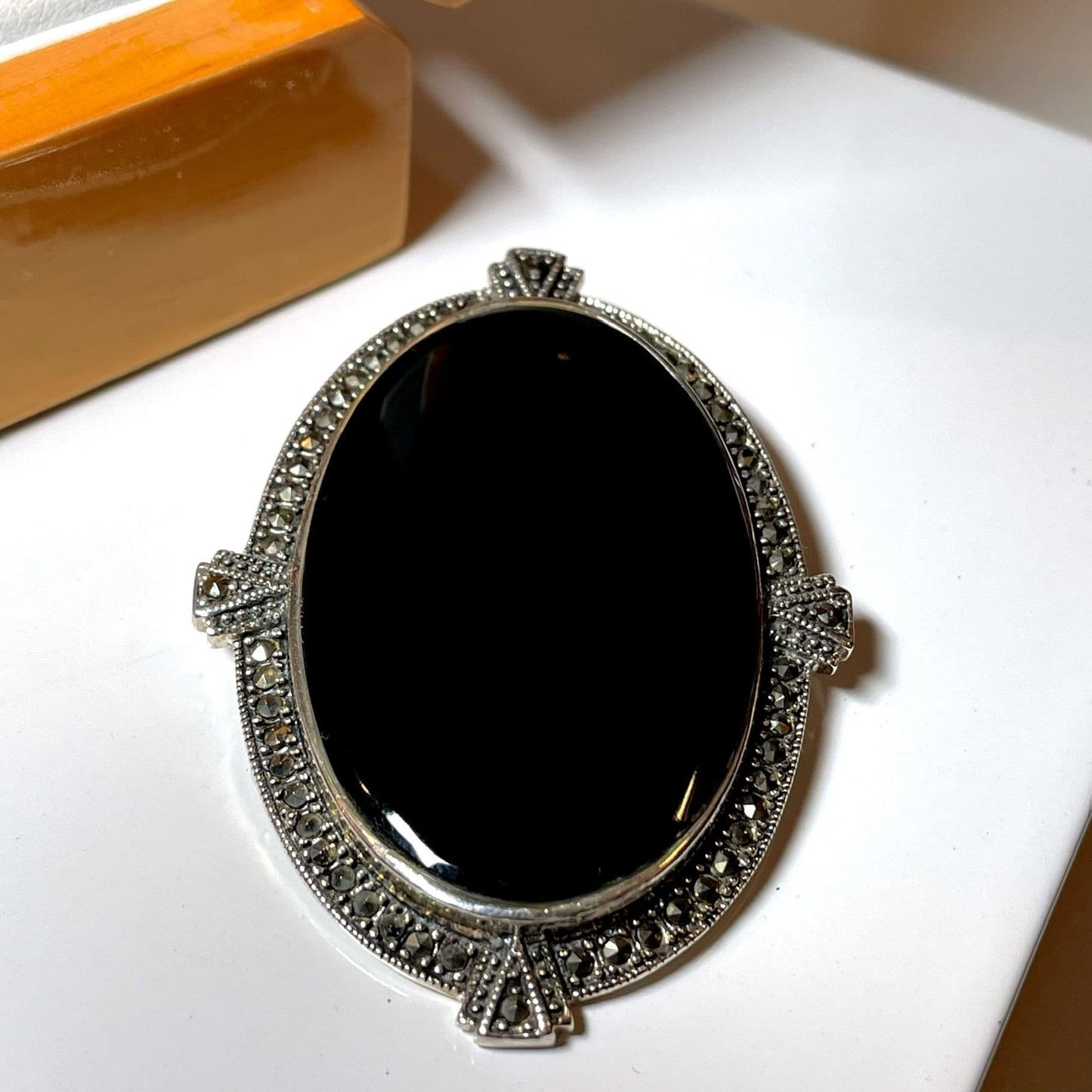Large Black Oval Onyx And Marcasite Brooch Sterling Silver
