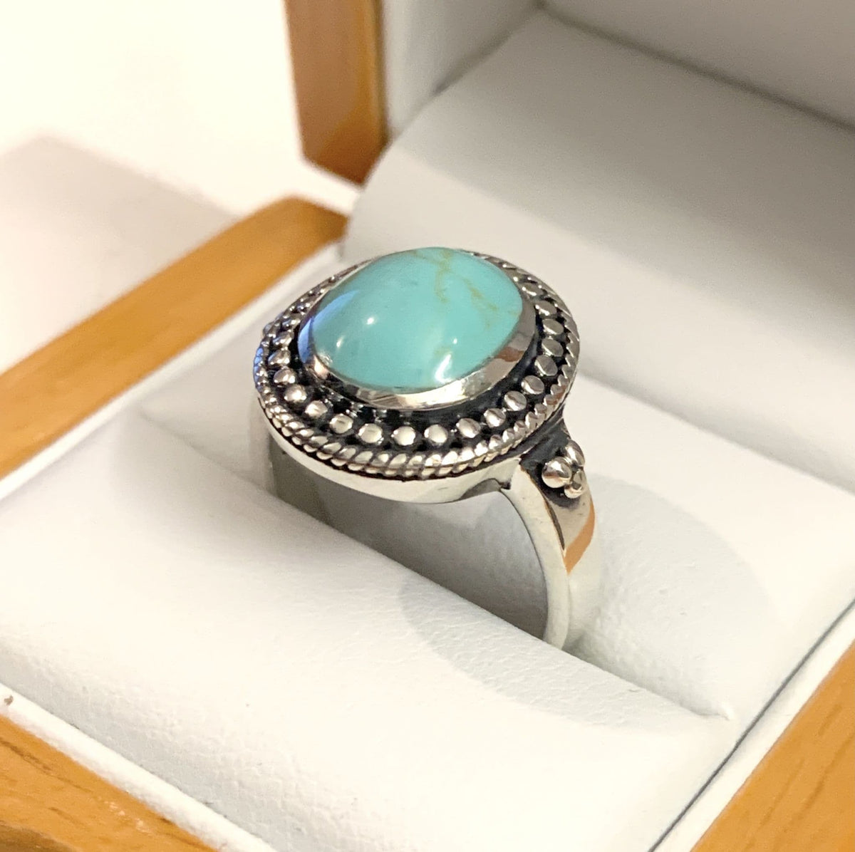 Large Oval Blue Turquoise Sterling Silver Ring With A Bobble And Rope Edge Design