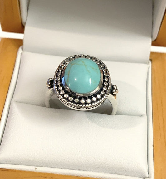 Large Oval Blue Turquoise Sterling Silver Ring With A Bobble And Rope Edge Design