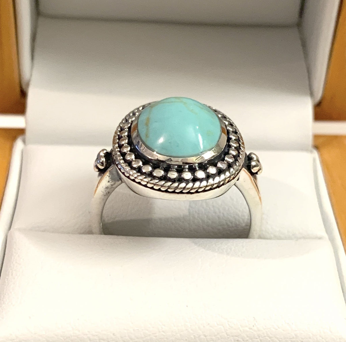 Large Oval Blue Turquoise Sterling Silver Ring With A Bobble And Rope Edge Design