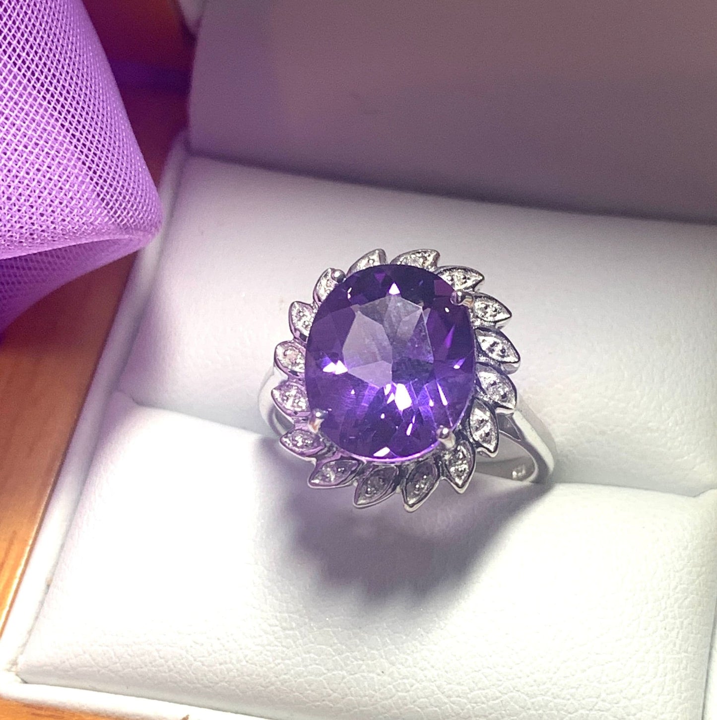 Large oval purple amethyst and diamond sterling silver cluster ring
