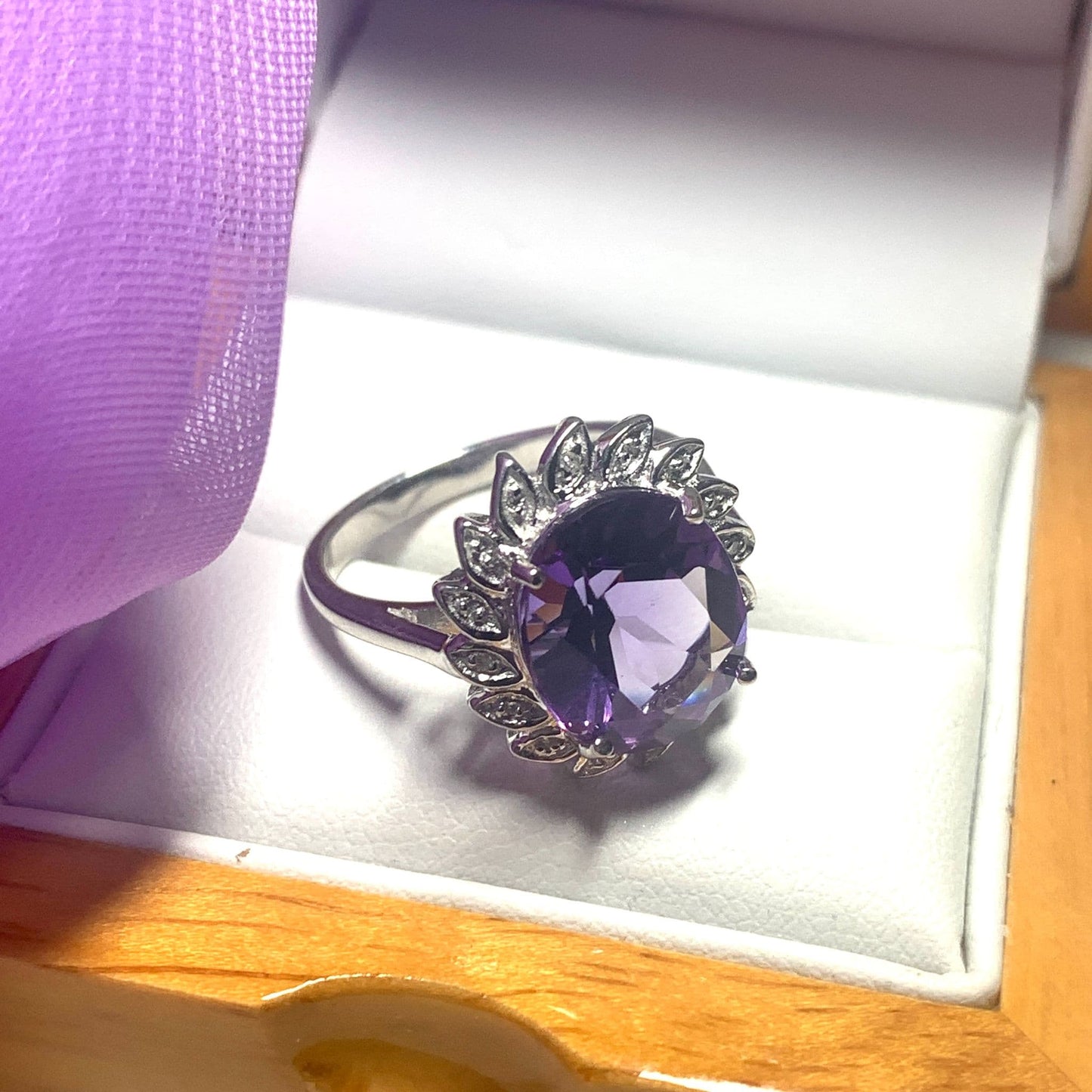 Large oval purple amethyst and diamond sterling silver cluster ring