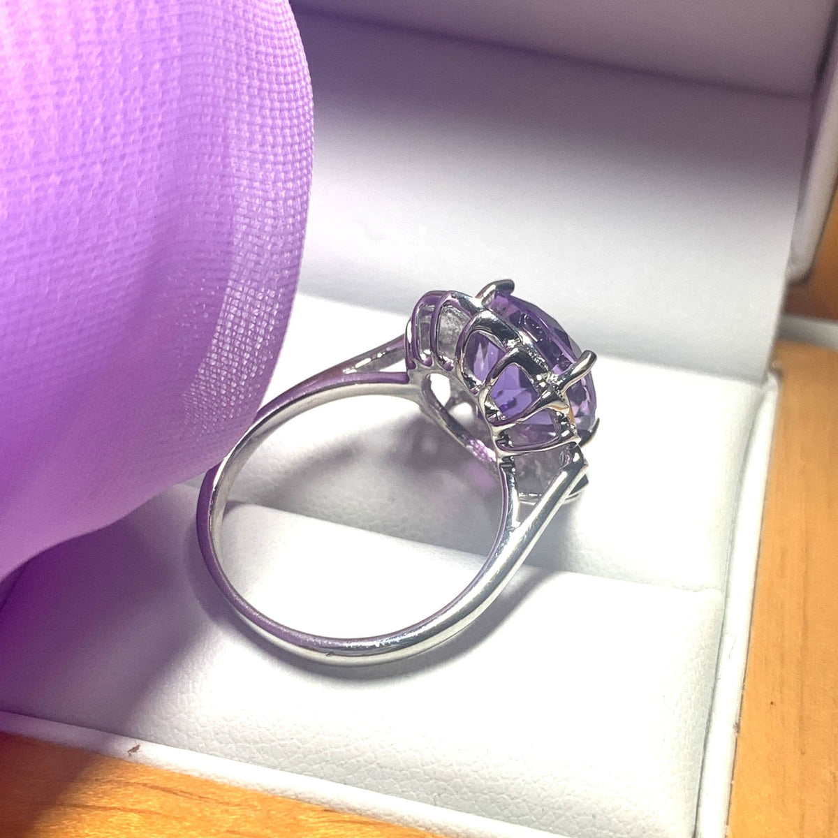 Large oval purple amethyst and diamond sterling silver cluster ring