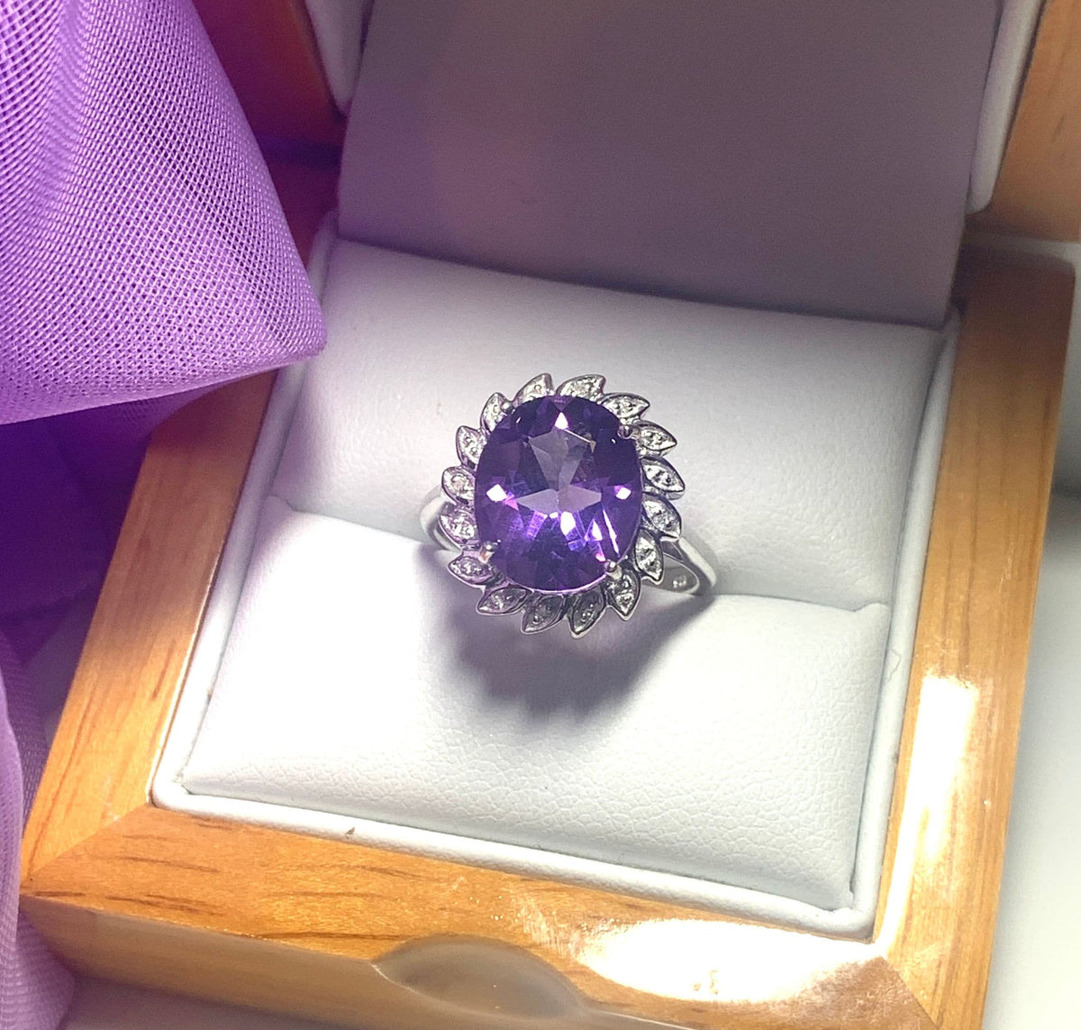 Large oval purple amethyst and diamond sterling silver cluster ring