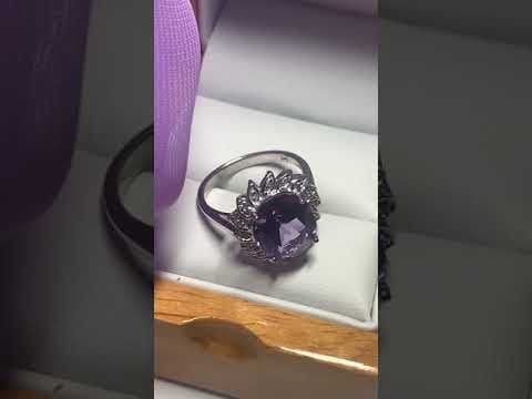 Large oval purple amethyst and diamond sterling silver cluster ring