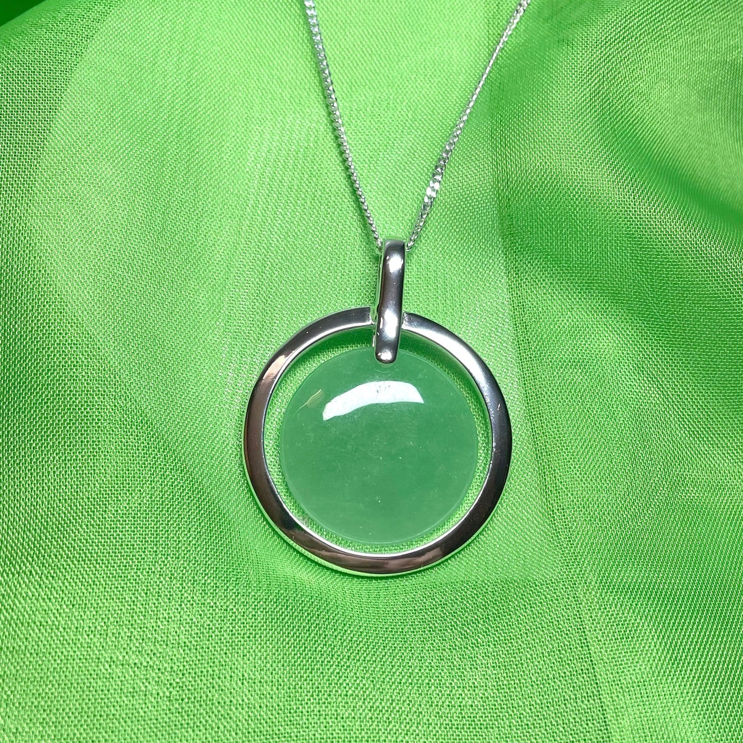 Large Sterling Silver Round Shaped Green Jade Necklace