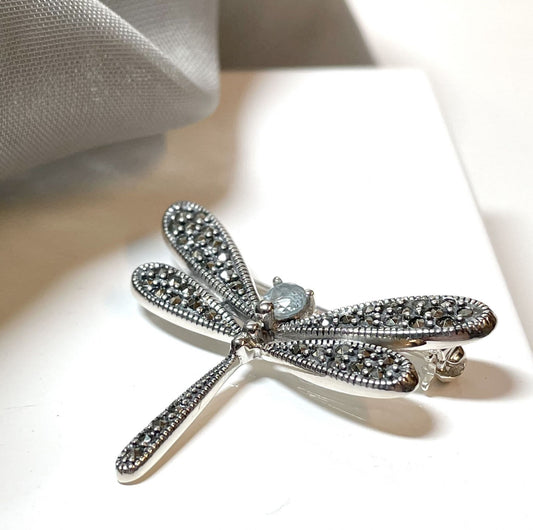 Marcasite and blue topaz dragonfly brooch sterling silver