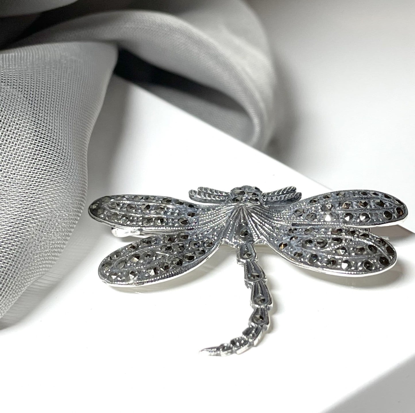 Marcasite Dragonfly Brooch Sterling Silver