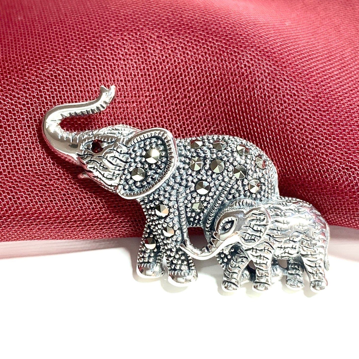 Marcasite Elephant Mum & Baby Sterling Silver Brooch