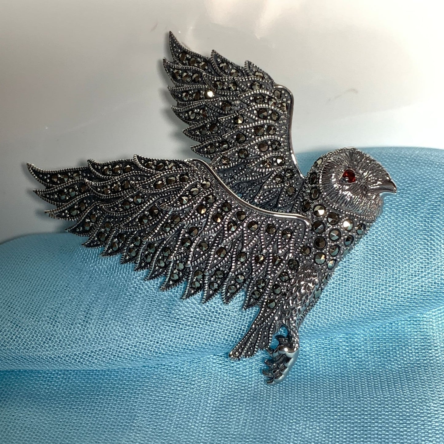 Marcasite Flying Owl Brooch Sterling Silver