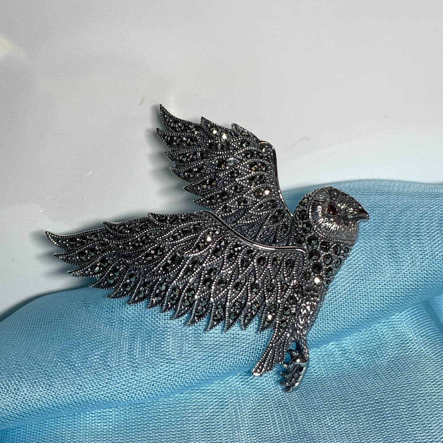 Marcasite Flying Owl Brooch Sterling Silver