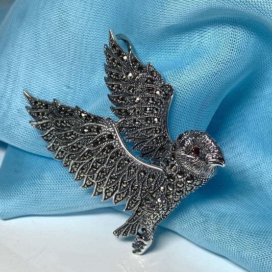 Marcasite Flying Owl Brooch Sterling Silver