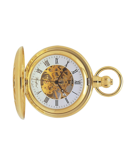 Mechanical Gold Plated Patterned Half Hunter Pocket Watch With Chain