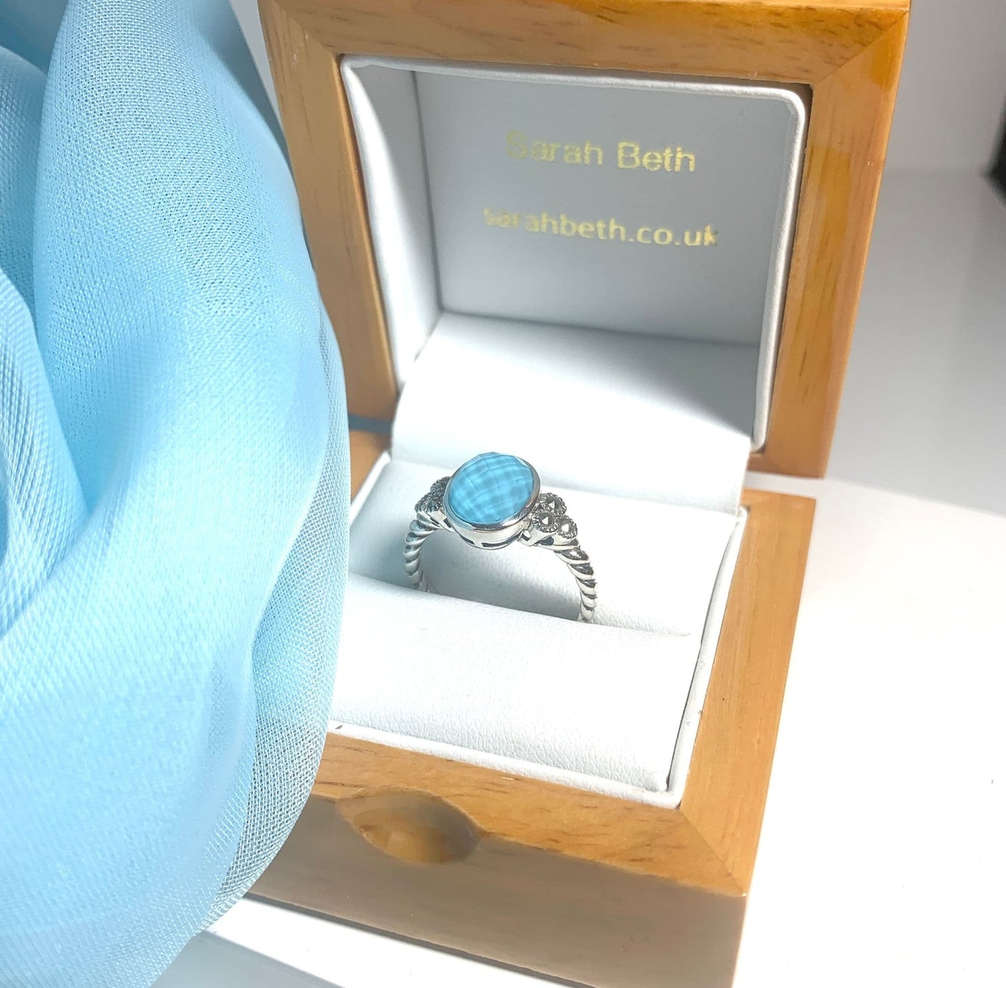 Oval Blue faceted Turquoise Sterling Silver Ring With Marcasite Shoulders