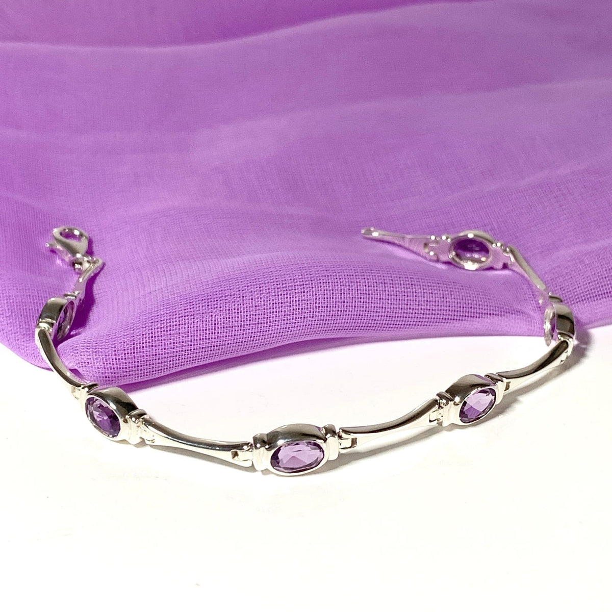 Oval purple amethyst sterling silver bracelet