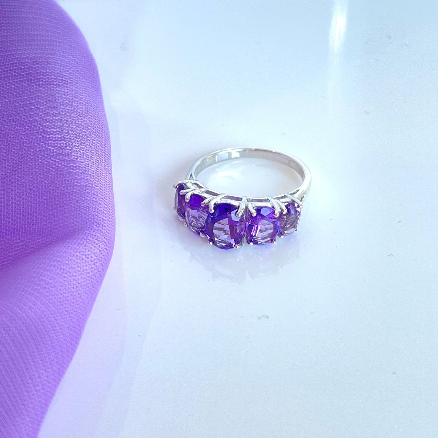 Oval purple amethyst sterling silver eternity or dress ring