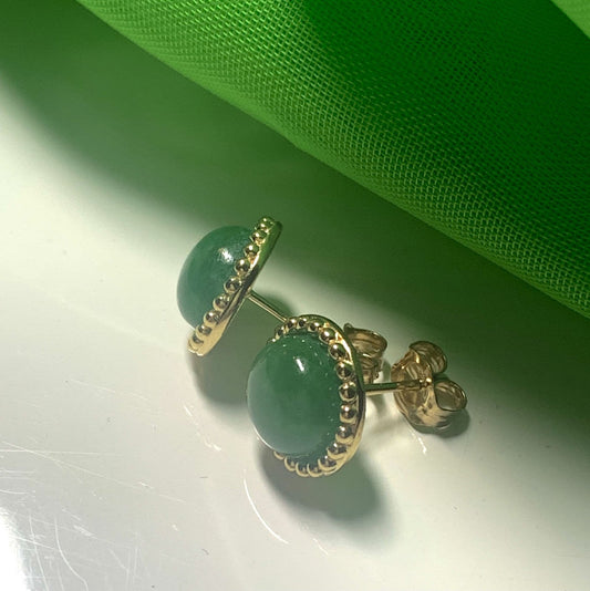 Patterned Green Jade Round Yellow Gold Stud Earrings