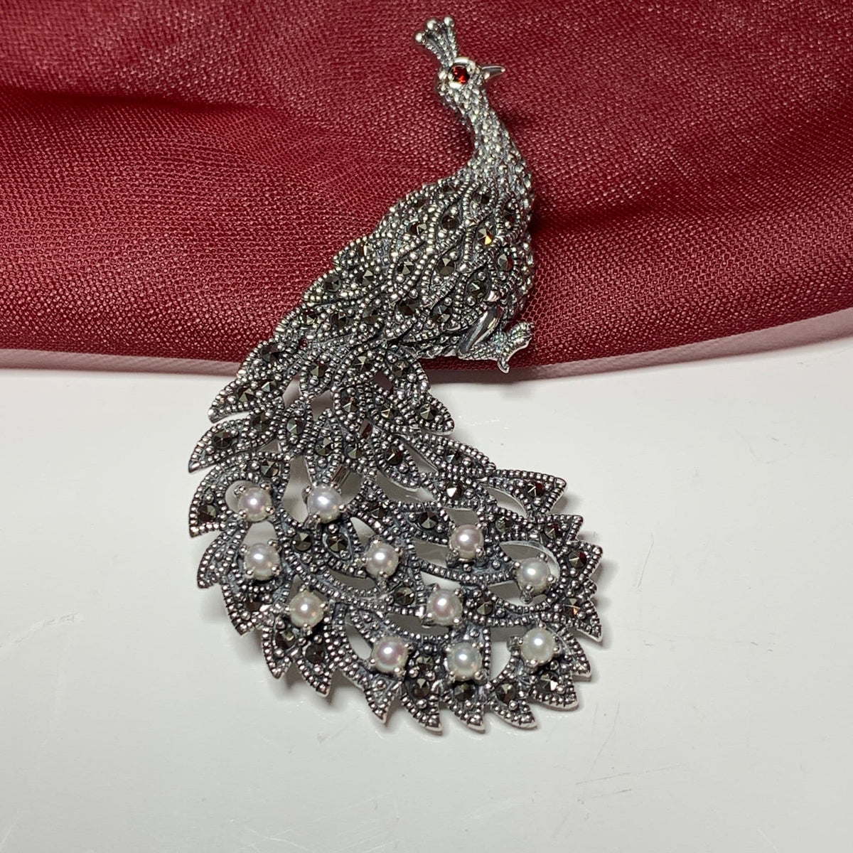 Peacock Sterling Silver Freshwater Pearl and Marcasite Brooch