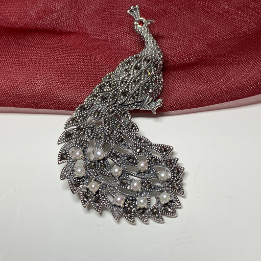 Peacock Sterling Silver Freshwater Pearl and Marcasite Brooch