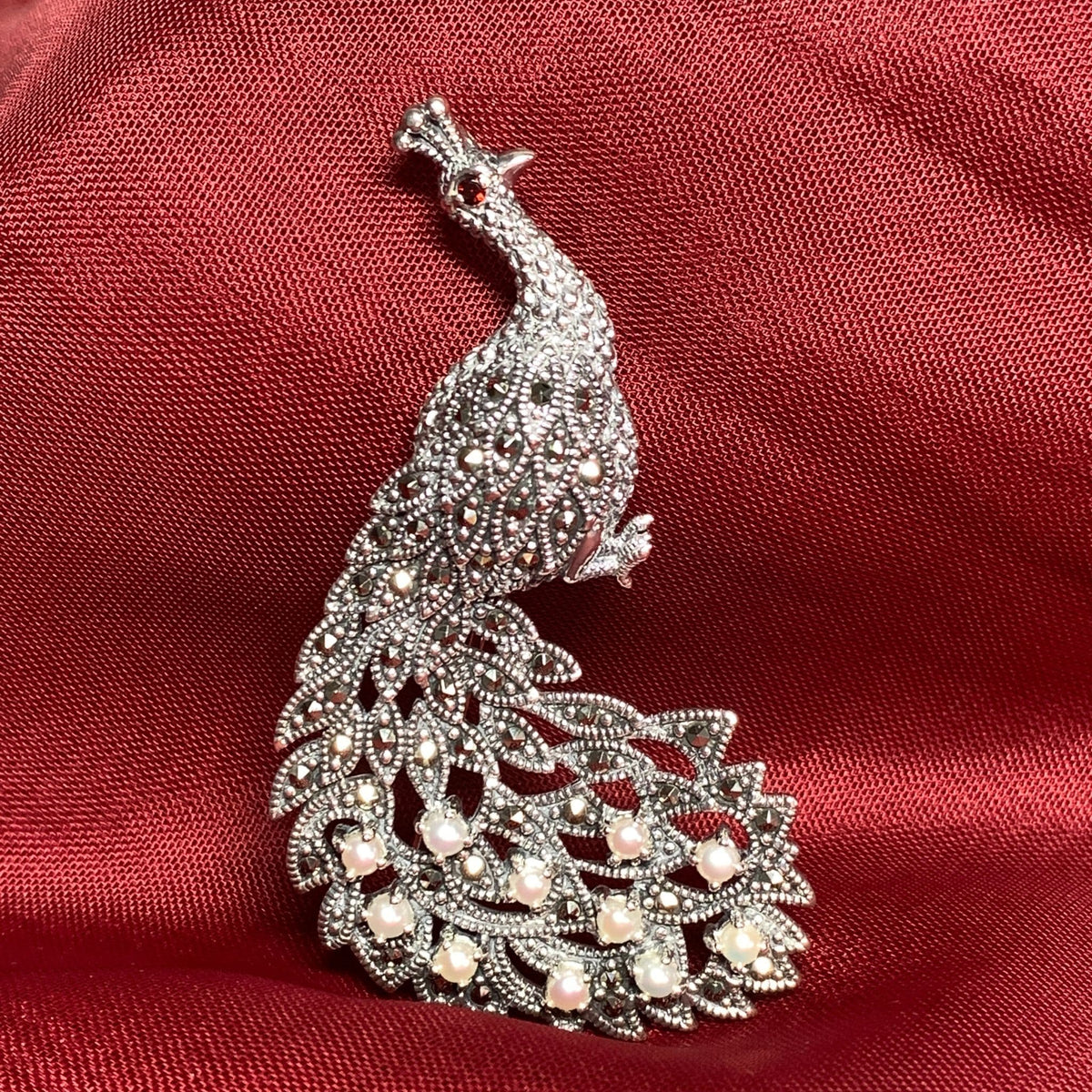 Peacock Sterling Silver Freshwater Pearl and Marcasite Brooch