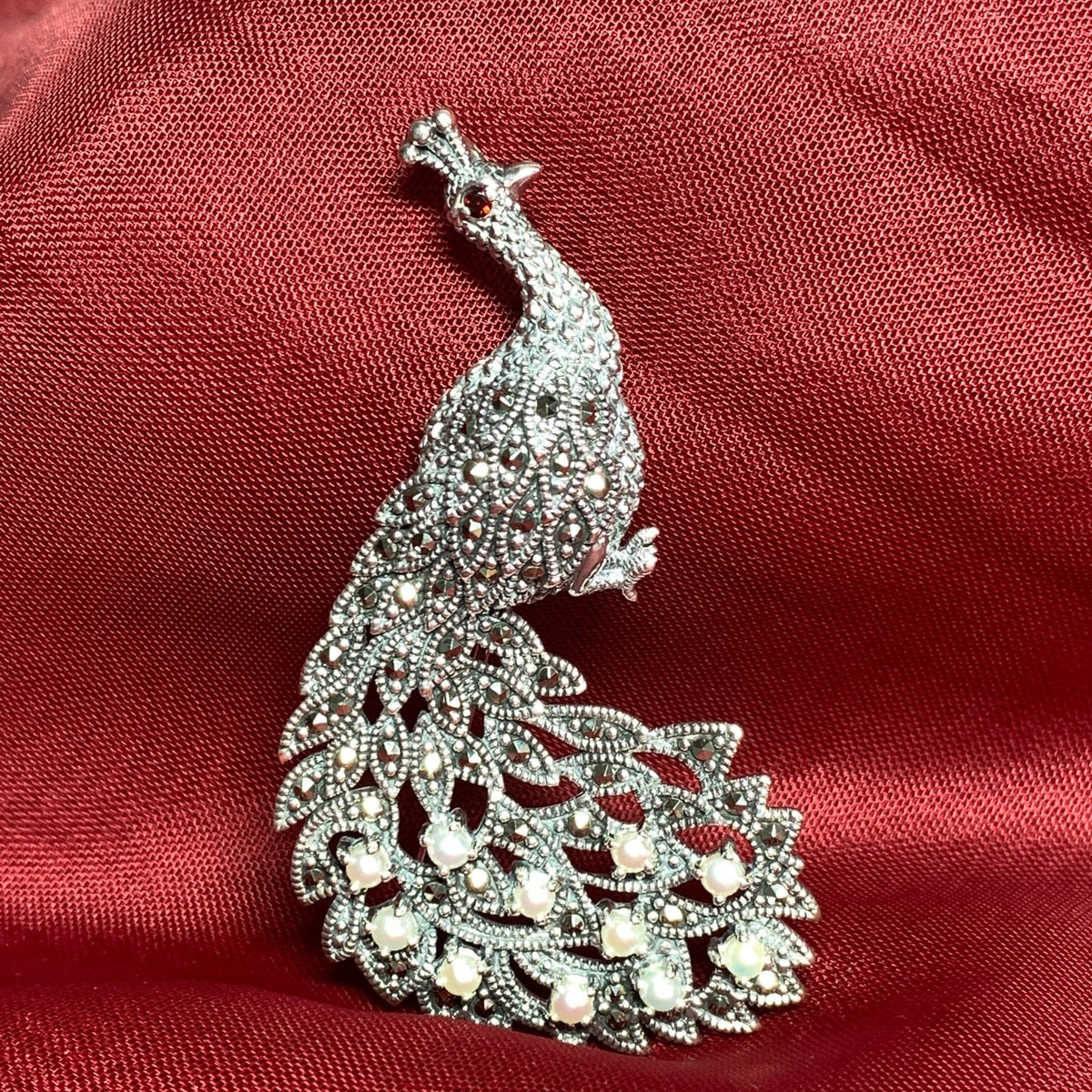 Peacock Sterling Silver Freshwater Pearl and Marcasite Brooch