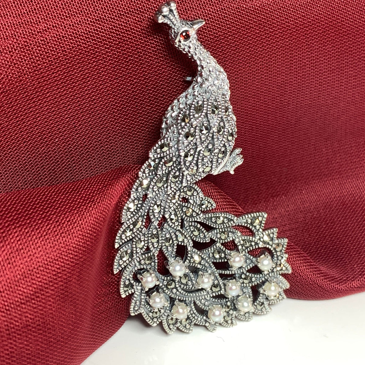 Peacock Sterling Silver Freshwater Pearl and Marcasite Brooch