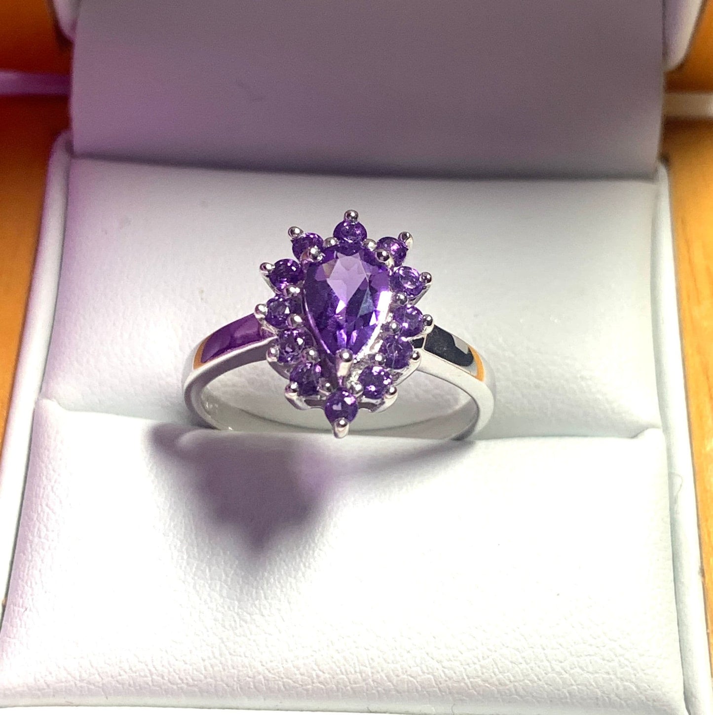 Pear shaped purple amethyst sterling silver cluster dress ring