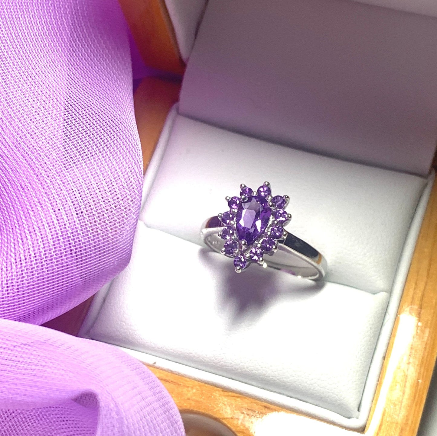 Pear shaped purple amethyst sterling silver cluster dress ring