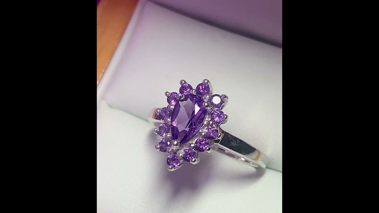 Pear shaped purple amethyst sterling silver cluster dress ring