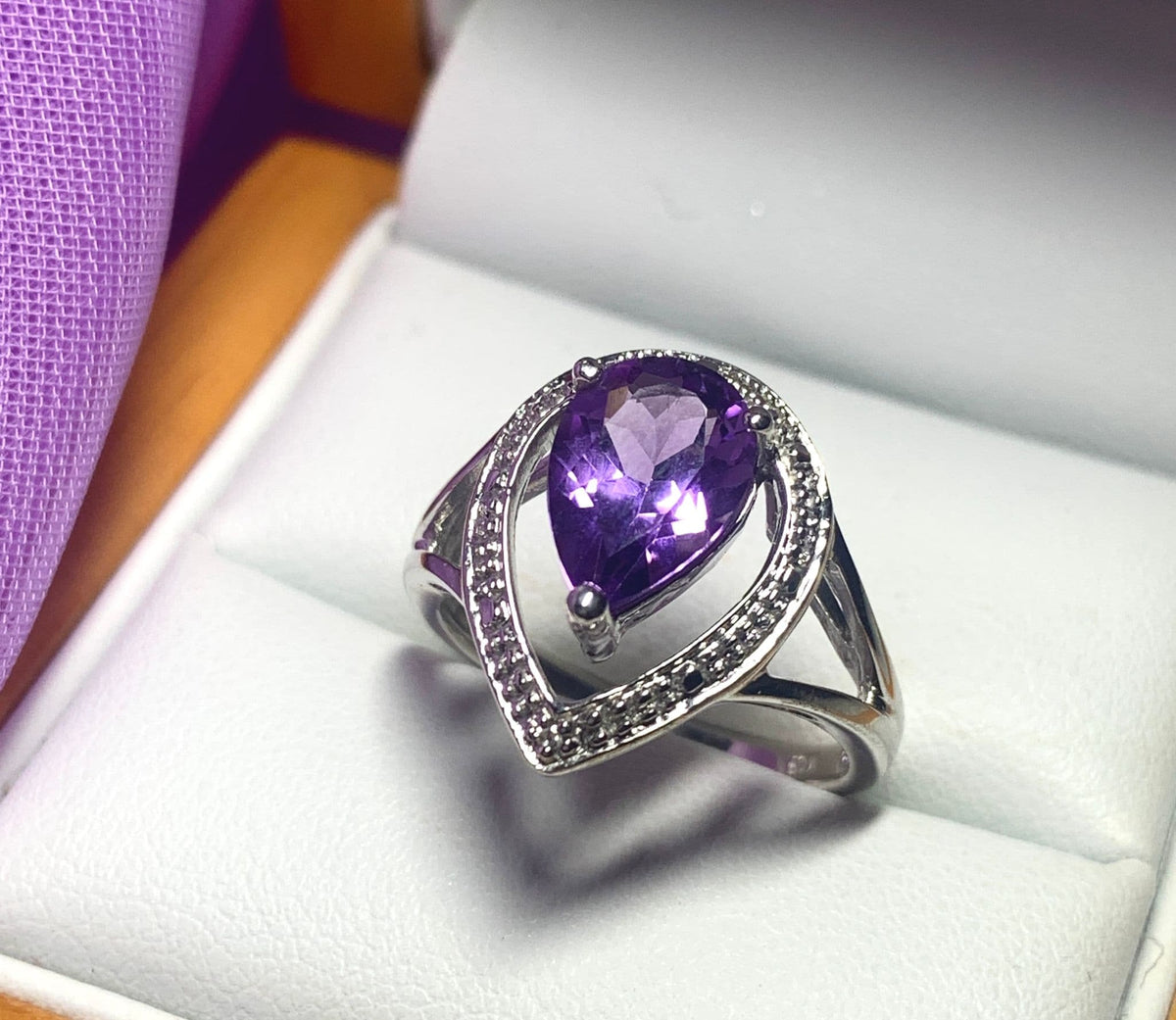 Pear shaped purple amethyst sterling silver cluster ring