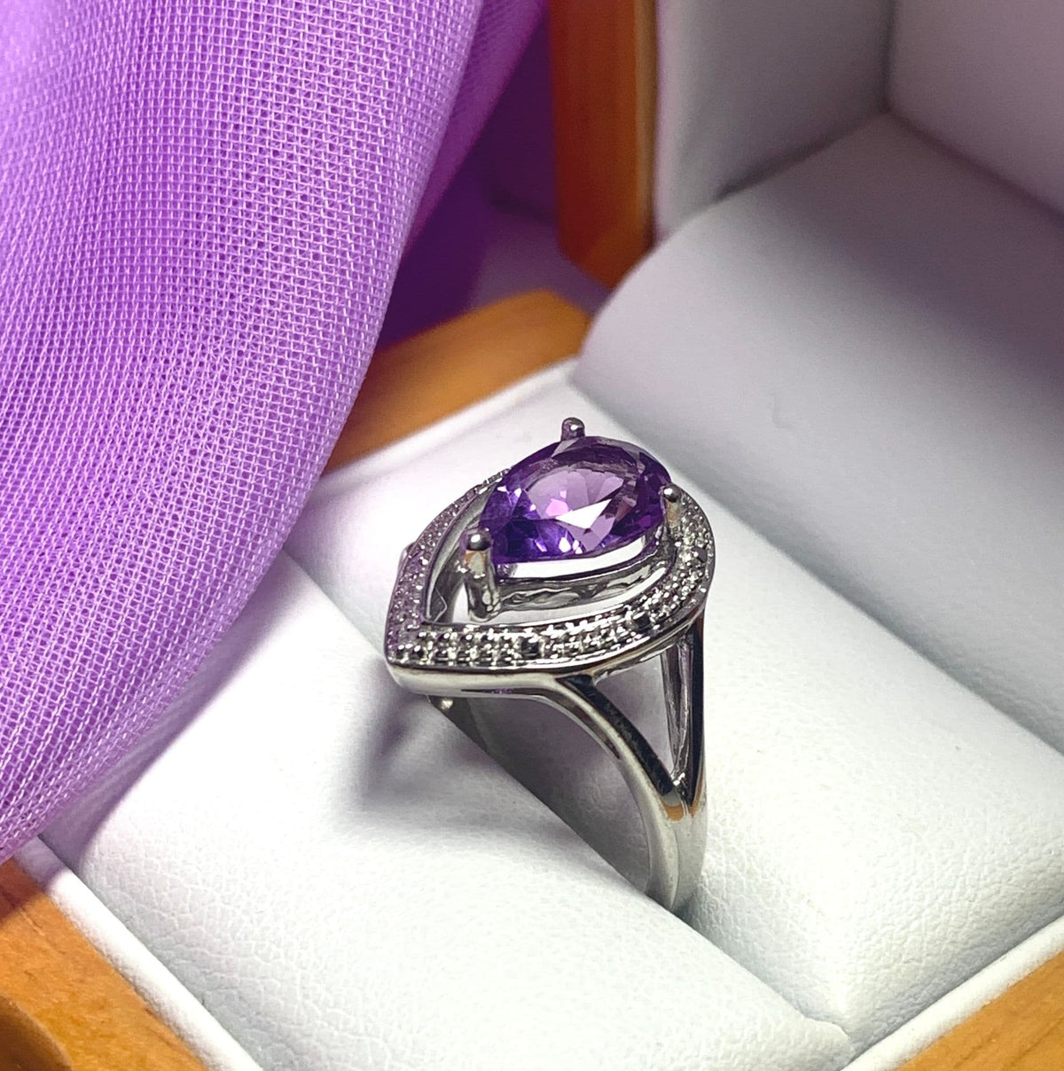 Pear shaped purple amethyst sterling silver cluster ring