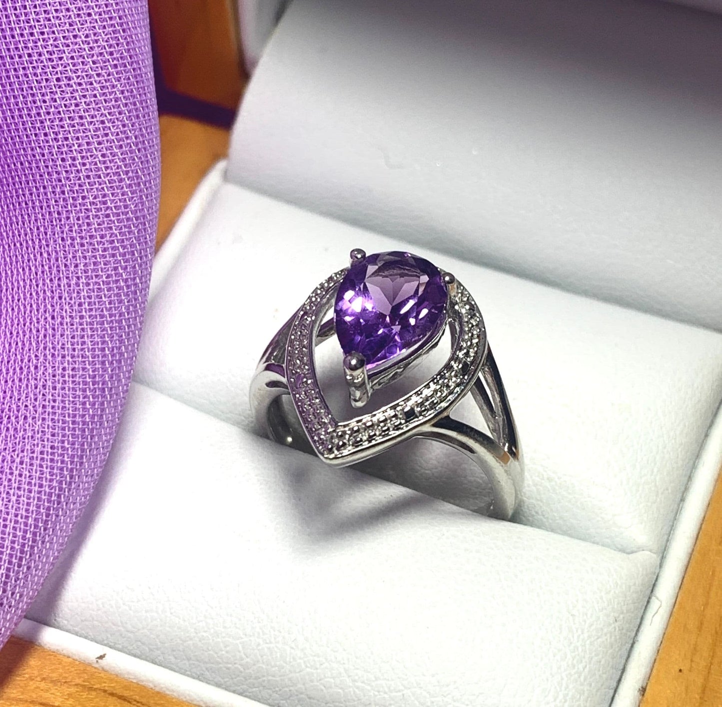Pear shaped purple amethyst sterling silver cluster ring