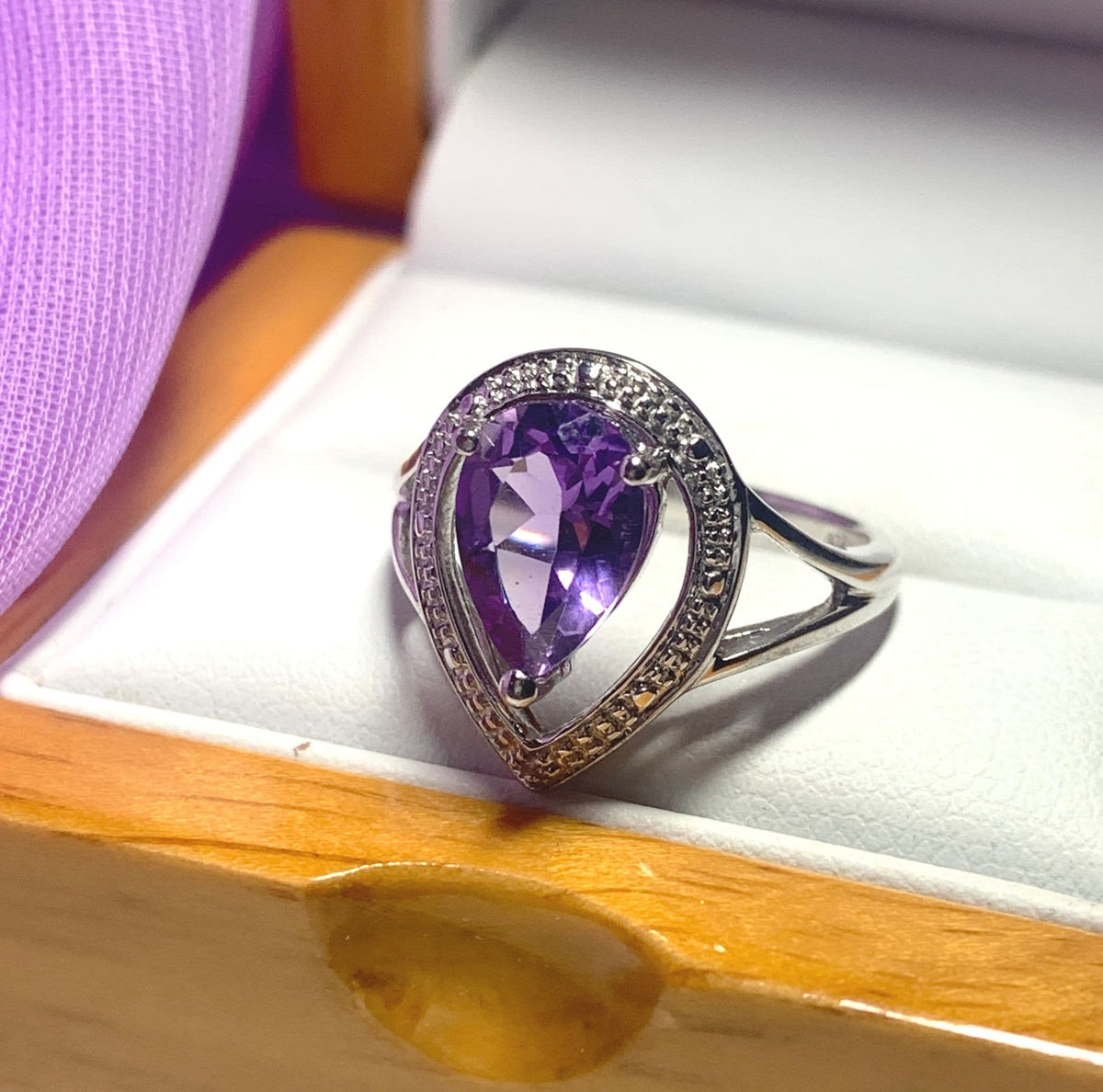 Pear shaped purple amethyst sterling silver cluster ring
