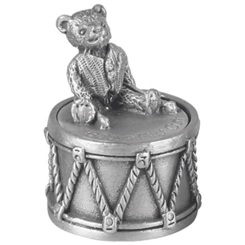 Pewter Teddy Drummer First Curl Box Christening Gift
